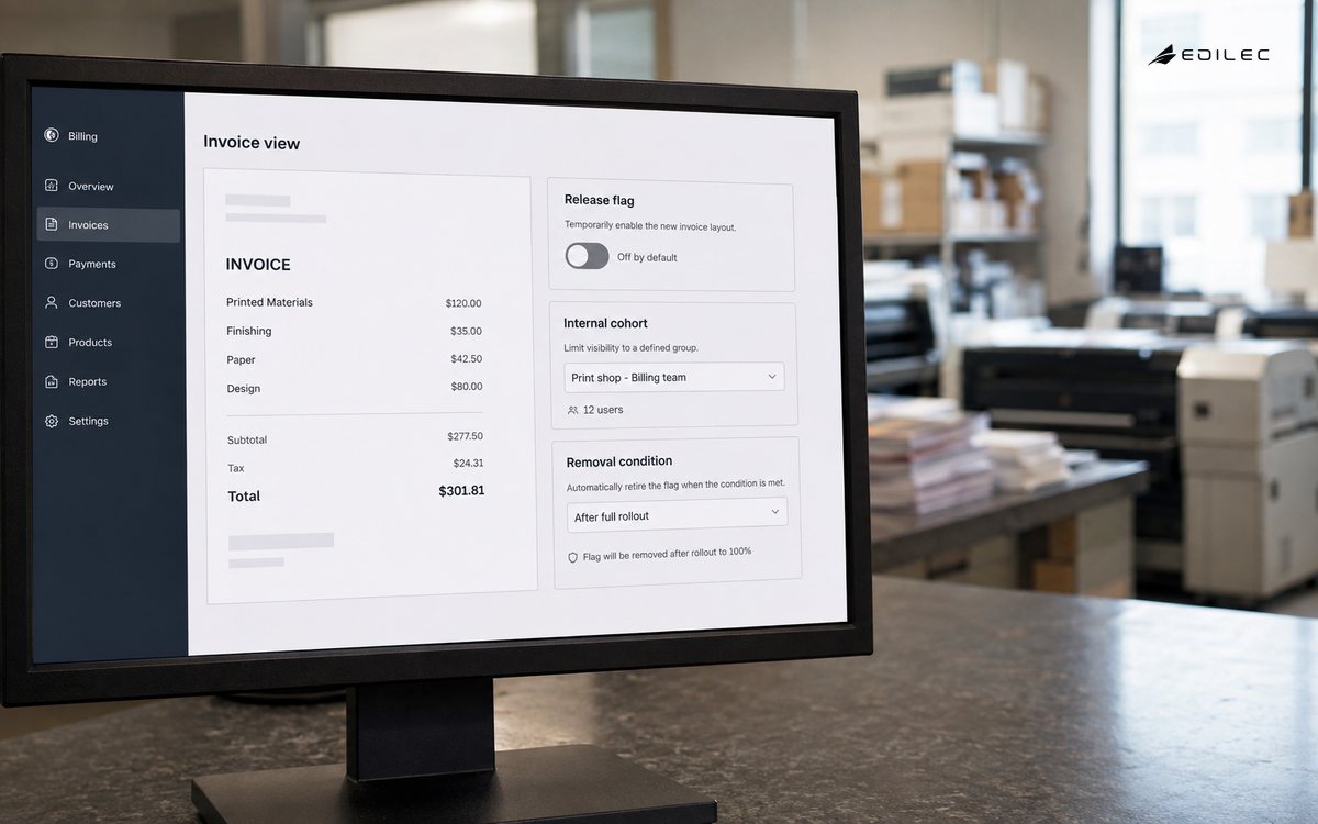 An angled close photo of a real opaque monitor on a grounded stand in a print-shop billing office.