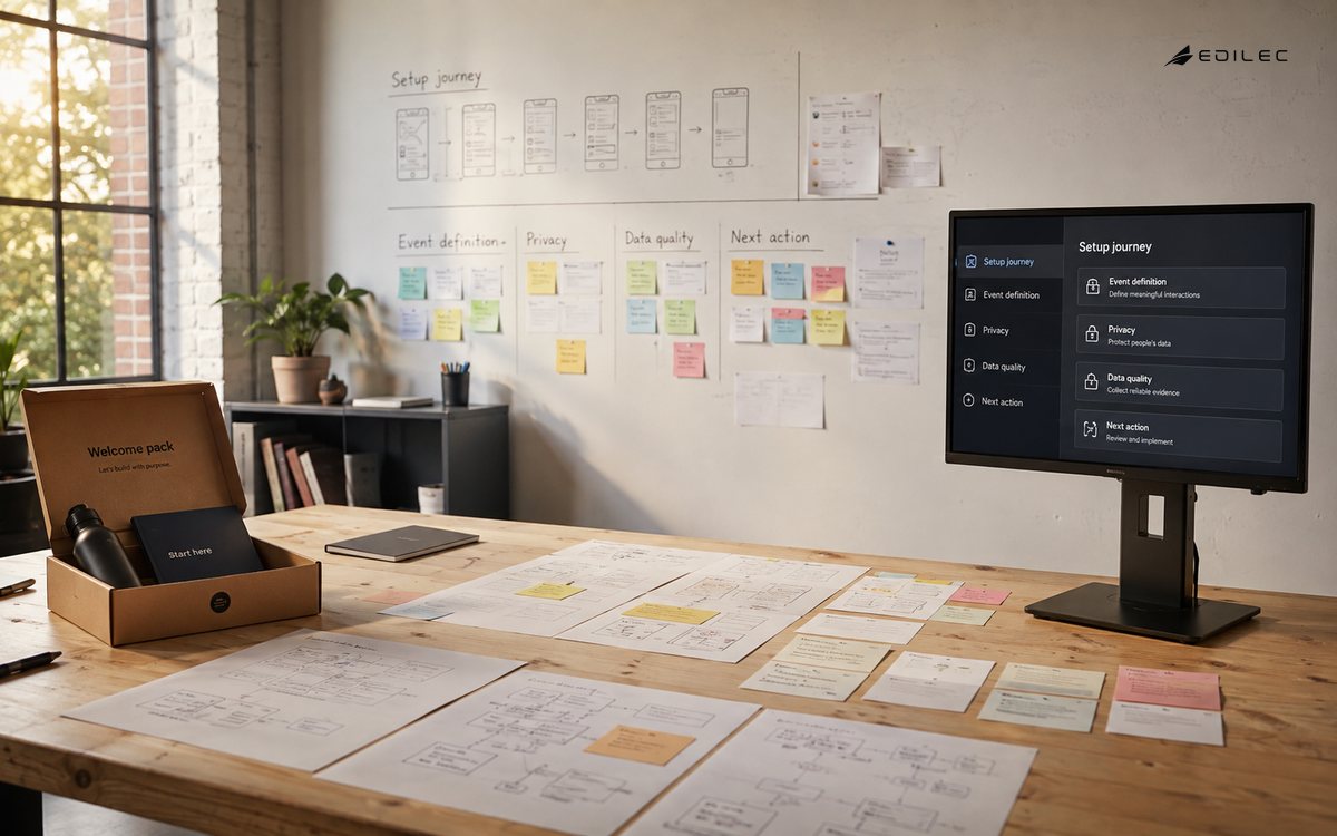 Wide empty product research studio with workspace-setup journey sketches, sticky review cards and modest opaque monitor on stand at side.