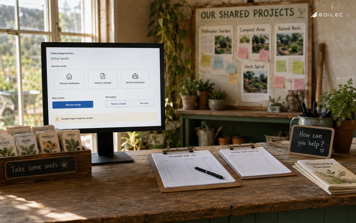 A welcome desk shows saved onboarding progress and a sample import waiting for review.