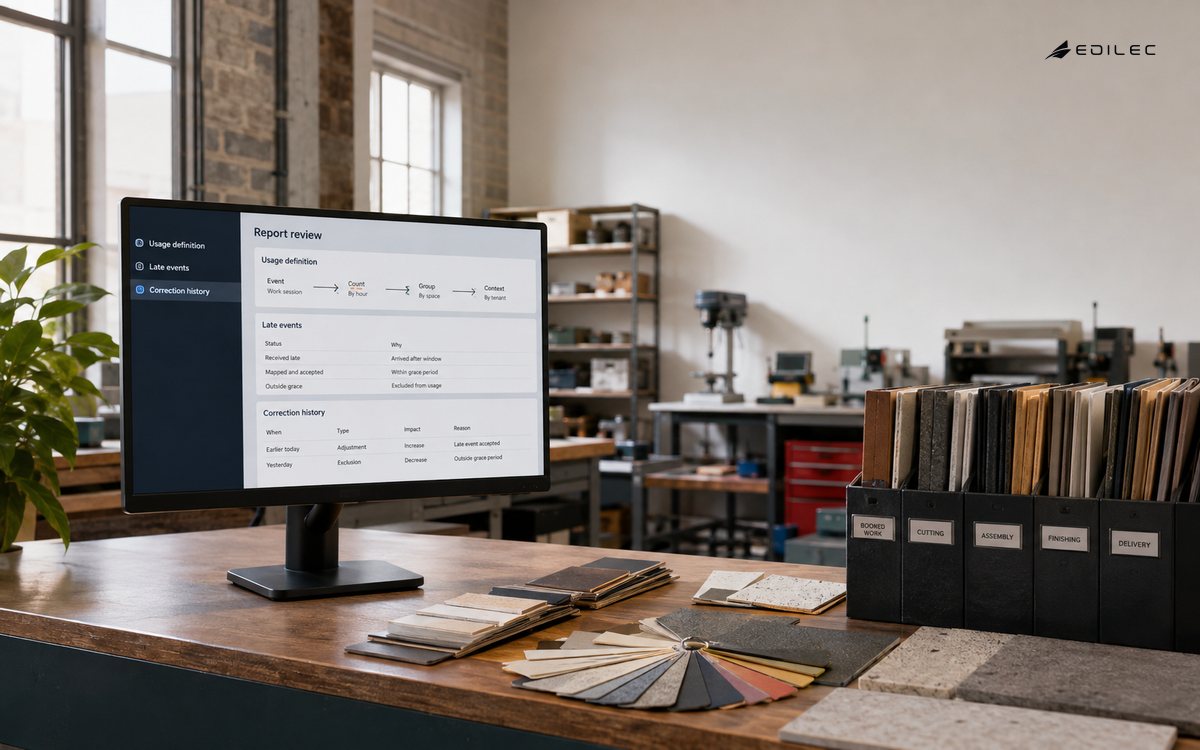 Wide view of a shared fabrication studio administrative corner, material swatches and booked-work folders in foreground.
