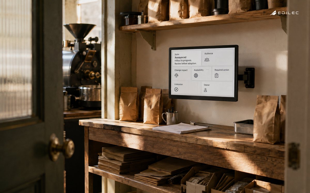 A roastery order office displays a release announcement with rollout still in progress.