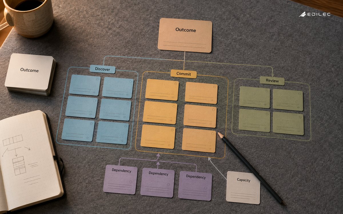 Roadmap cards separate discovery and commitment while linking an outcome to dependencies.