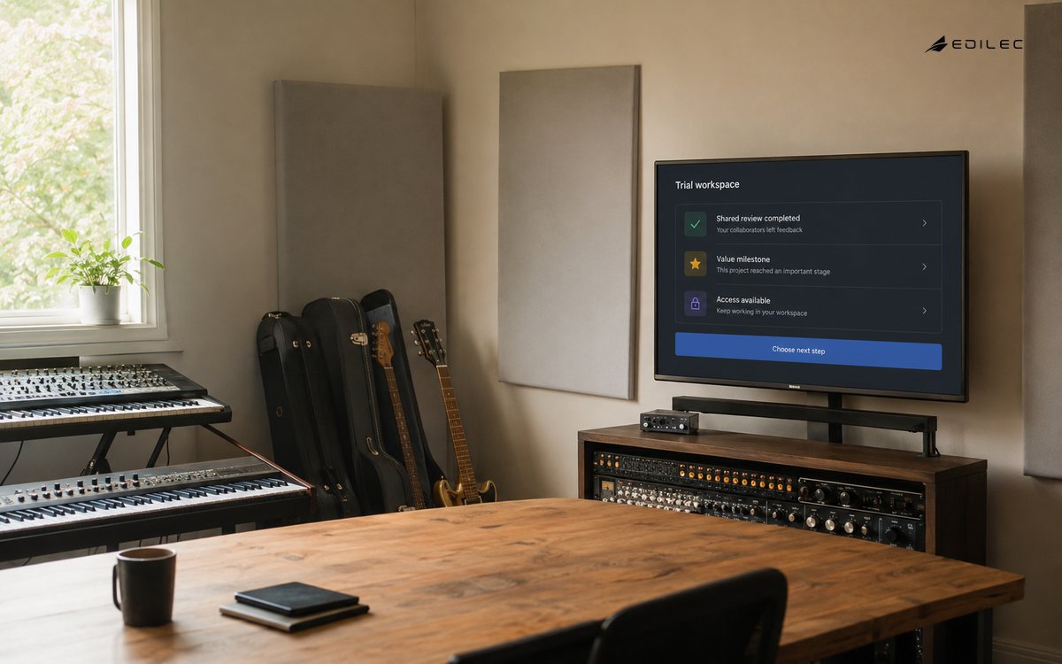 A music studio trial workspace connects a shared review milestone with a voluntary next step.