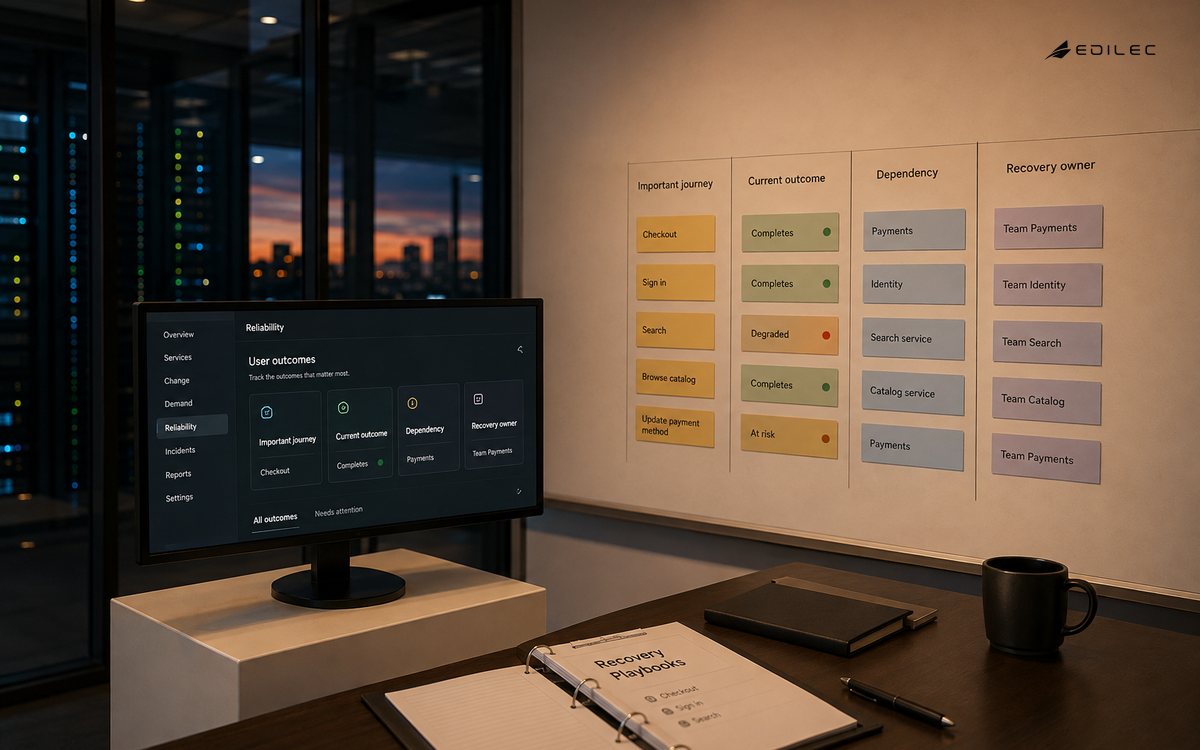 Wide unoccupied SaaS operations review room with user-outcome cards and recovery binder, small opaque monitor on a real pedestal, dusk practical lighting and deep room perspective.