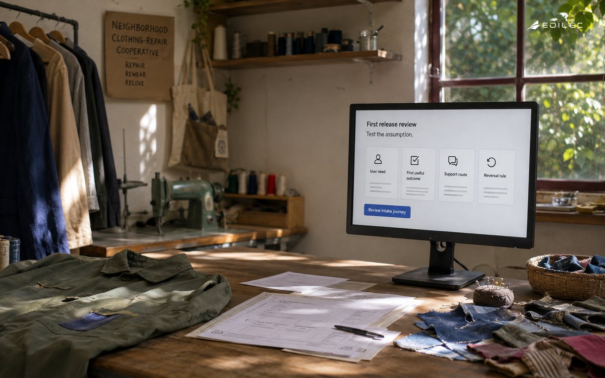 A clothing-repair cooperative reviews its first intake workflow with support and reversal rules.