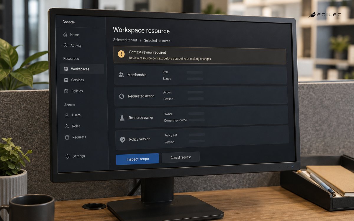 A workspace inspector checks tenant context and resource ownership before an action.