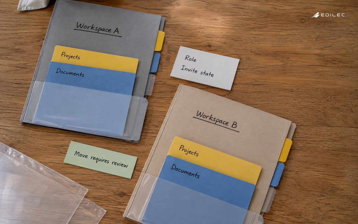 Two workspace folders keep resources separate beside a membership and move-review card.
