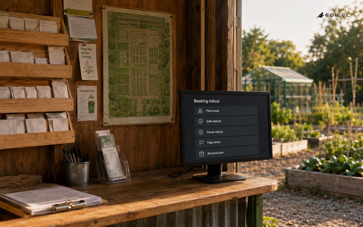 A garden booking workspace displays a pilot rollout with safe-default and flag-removal decisions.
