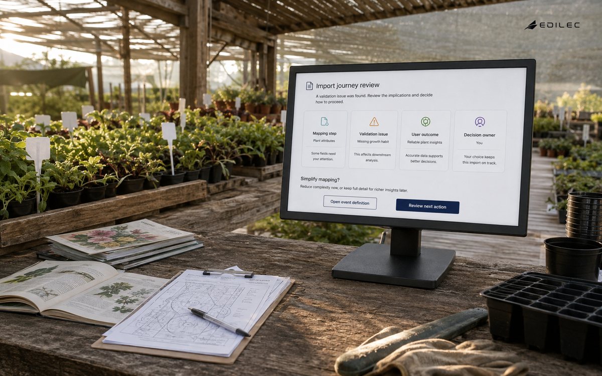 A nursery planning bench shows an import-mapping review tied to user outcomes.