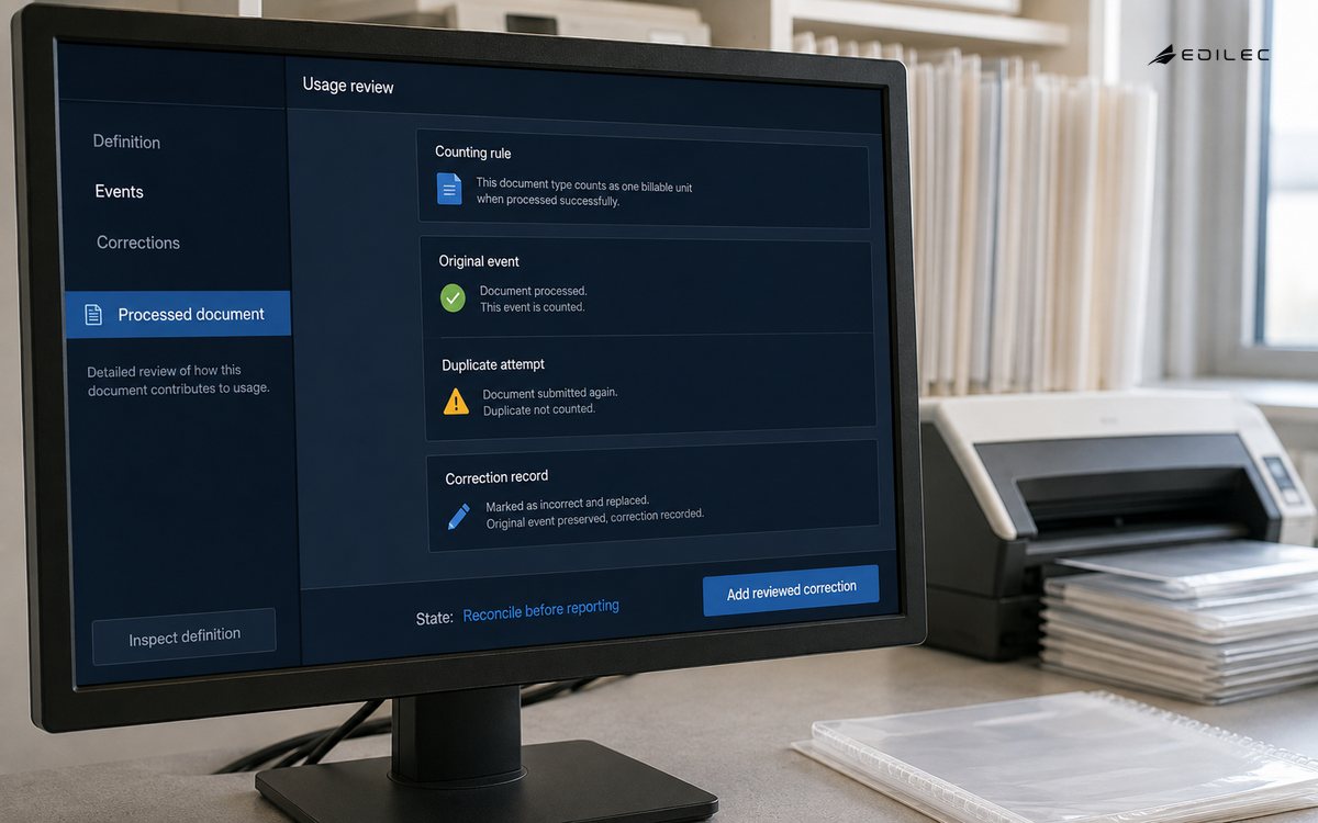A document-service usage view separates a counting rule, original event, duplicate attempt and correction.
