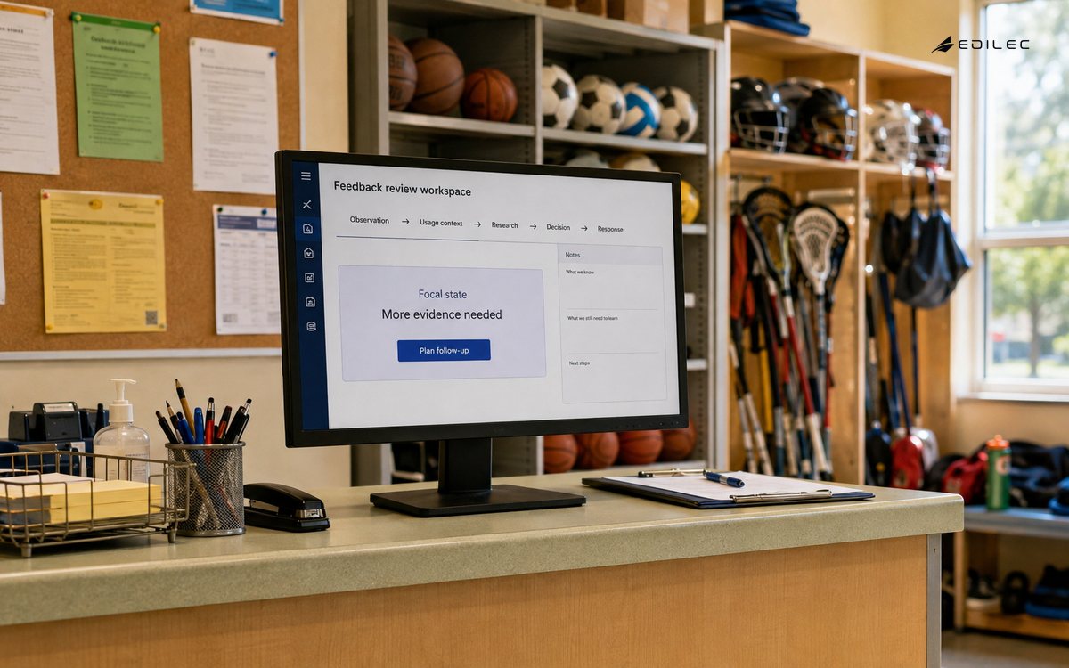 A sports booking office connects feedback context with research and follow-up.