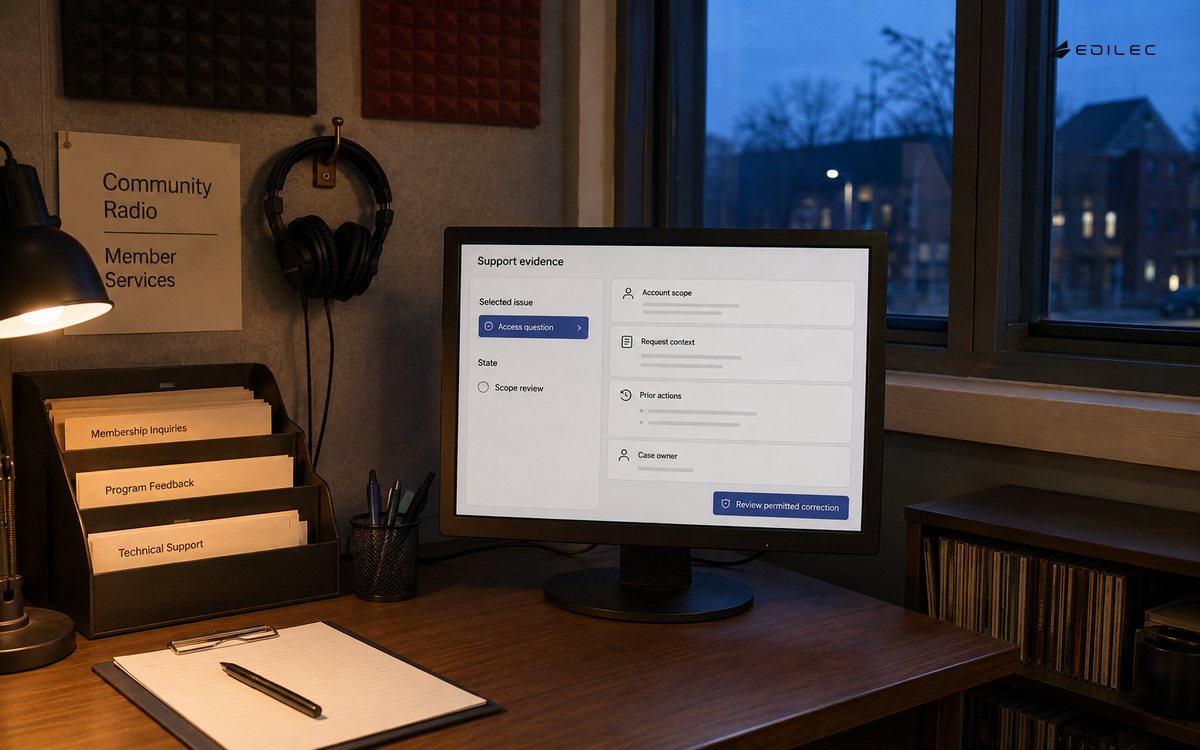 A radio station support alcove shows account scope, prior actions and a permitted-correction review.