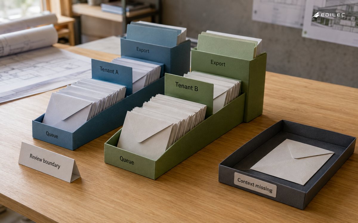 Separate paper routes keep tenant-scoped envelopes apart while a context-free item waits for review.