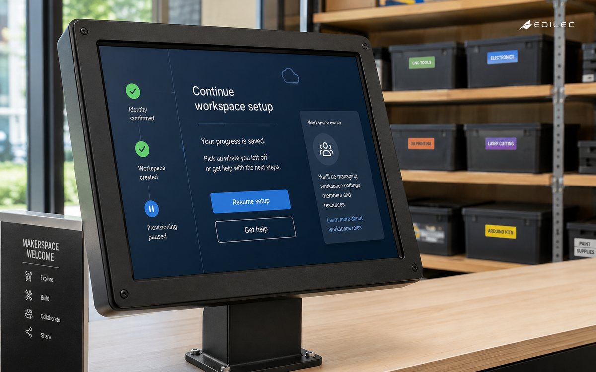 A makerspace welcome display preserves workspace-setup progress and offers resume or help after paused provisioning.