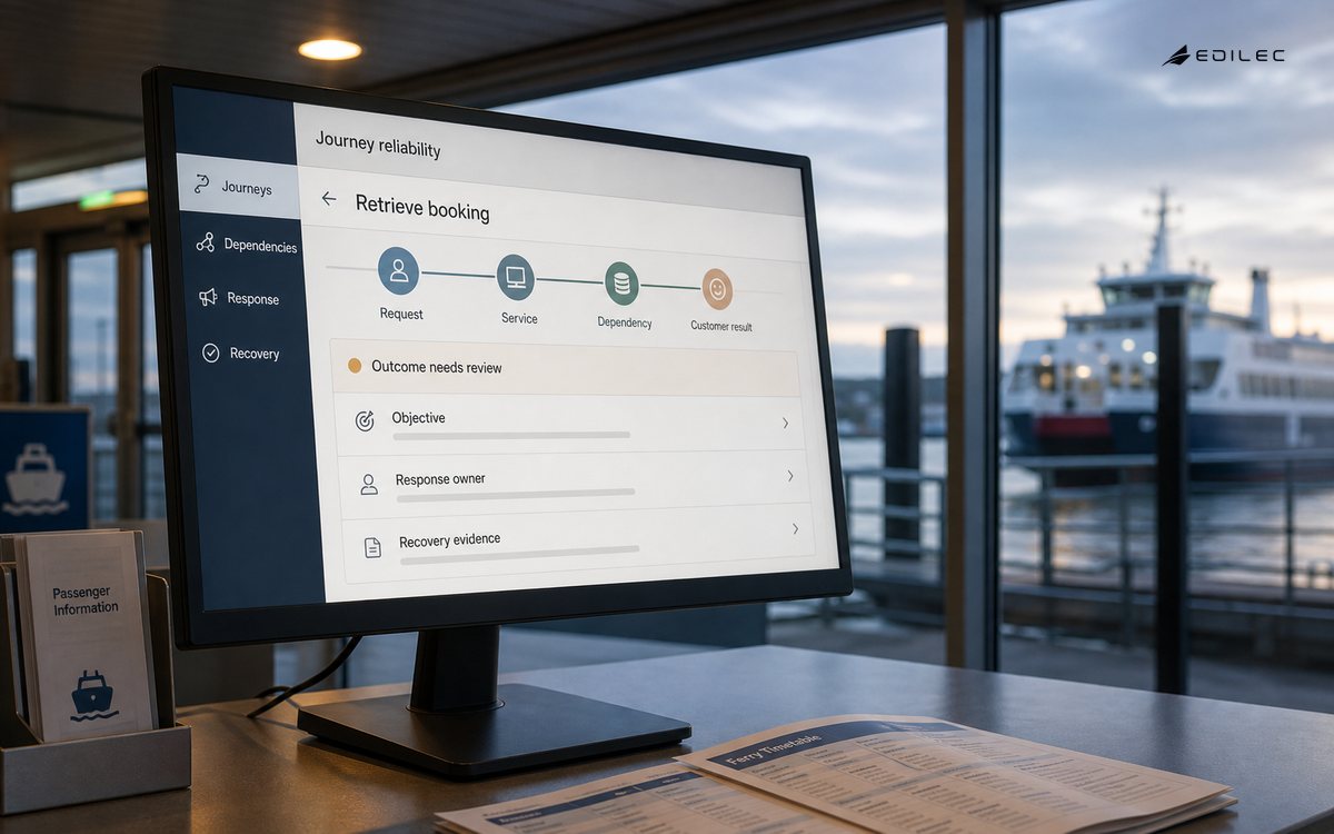 A harbor service screen links a booking-retrieval journey to dependency and recovery evidence.