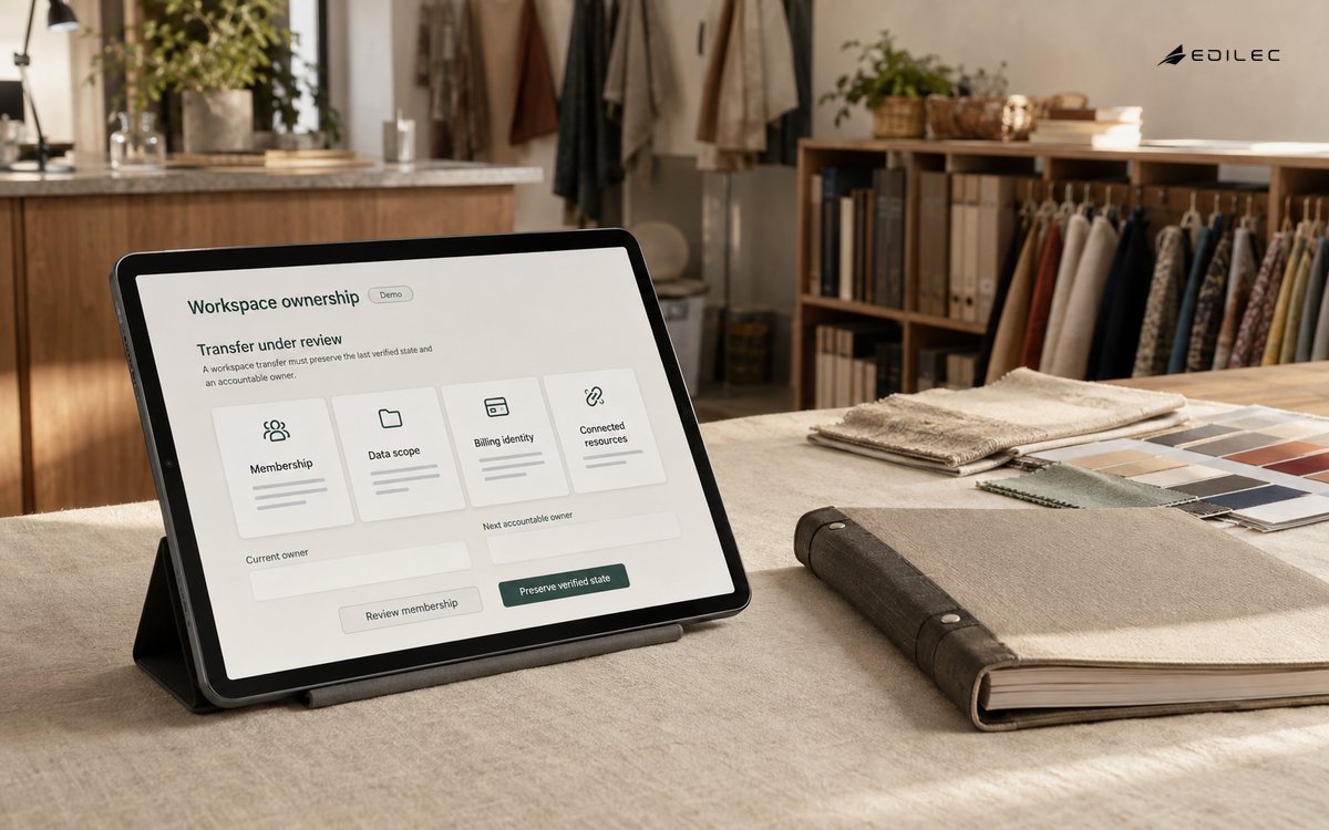 A shared atelier administration counter shows an ownership transfer across membership, billing and resources.