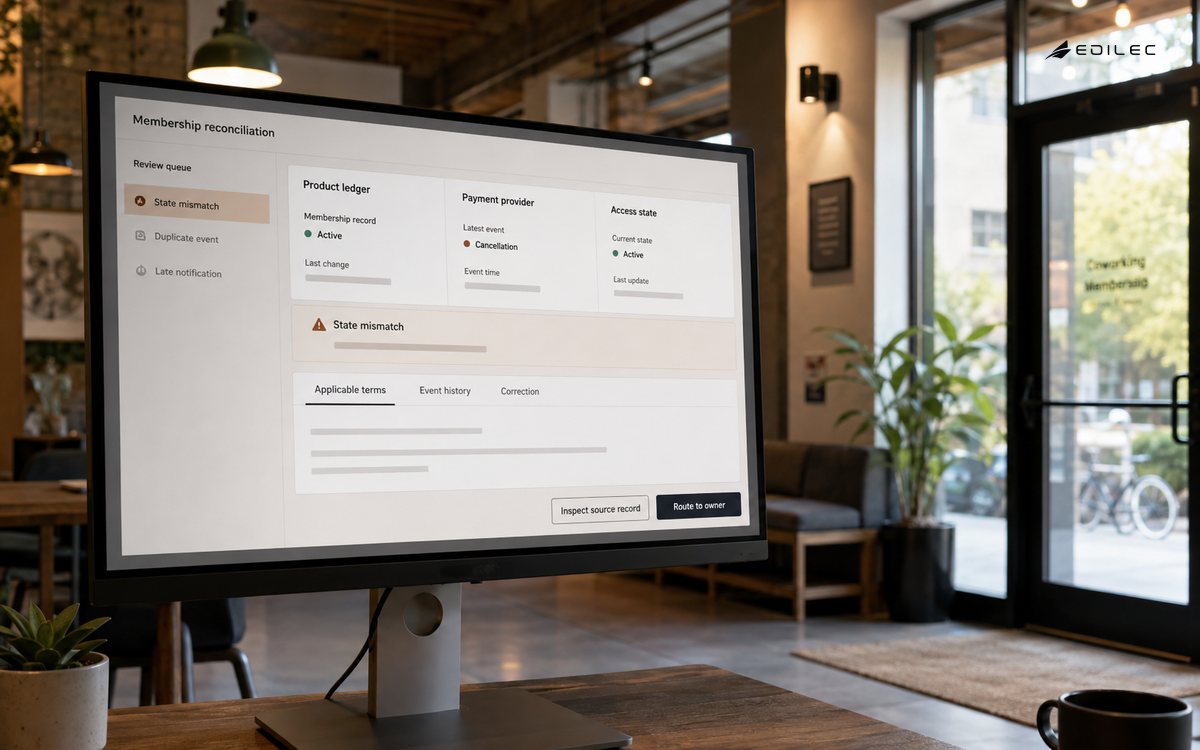 A membership review compares product ledger, payment-provider and access state before correction.