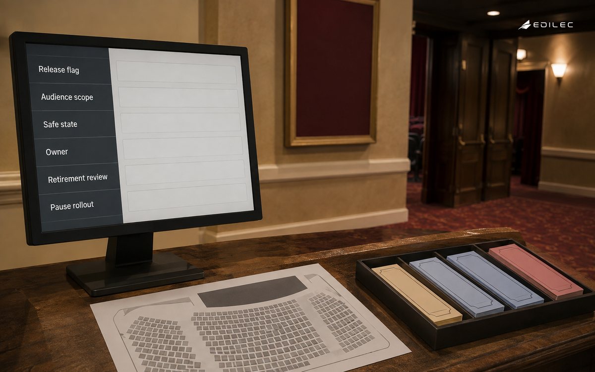 A theatre box-office rehearsal view links a release flag with scope, pause and retirement controls.