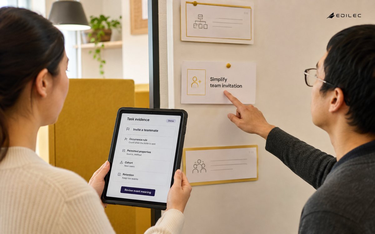 Standing researchers connect a team-invitation task to a tablet’s event-definition review.