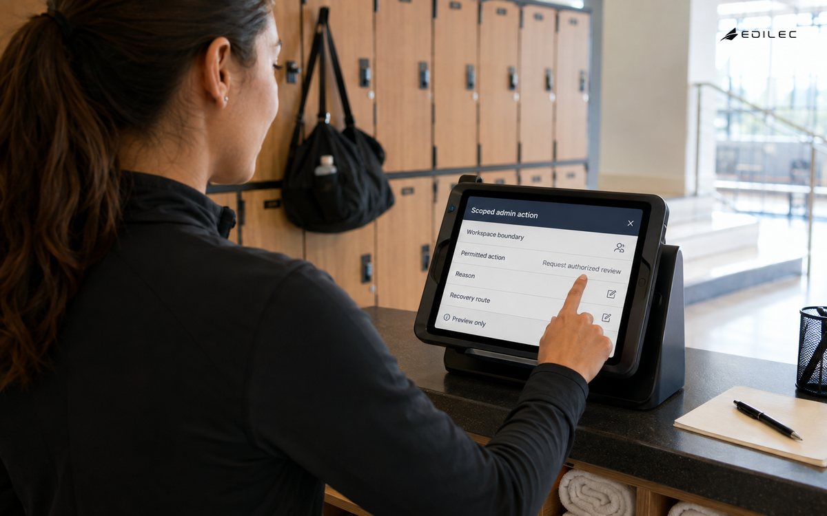 A standing operator previews a scoped administrative action with a reason and recovery route.