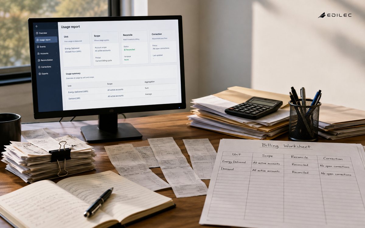 Wide photograph across a finance reconciliation table with event slips, billing worksheet and a small supported monitor, soft afternoon light.