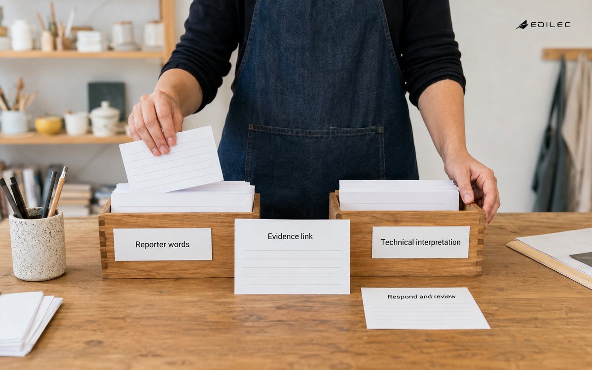 A facilitator sorts reporter wording and technical interpretation into distinct feedback trays.
