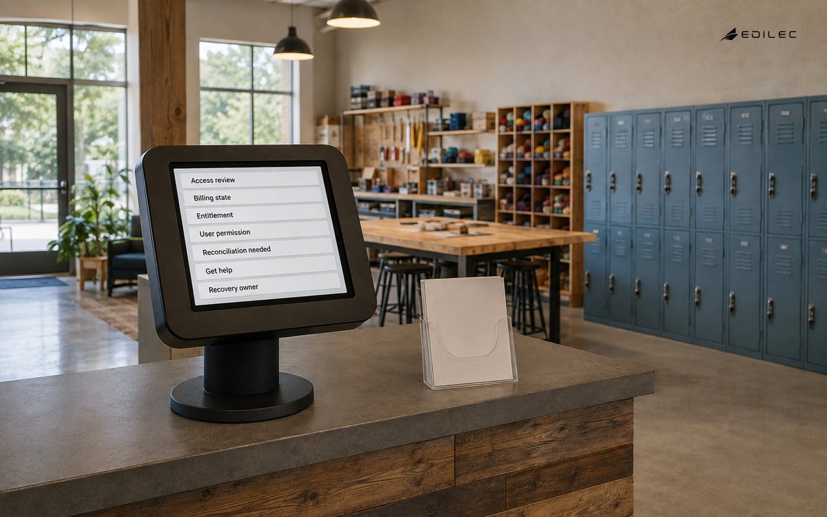 A maker-space access kiosk separates billing, entitlement and permission review.