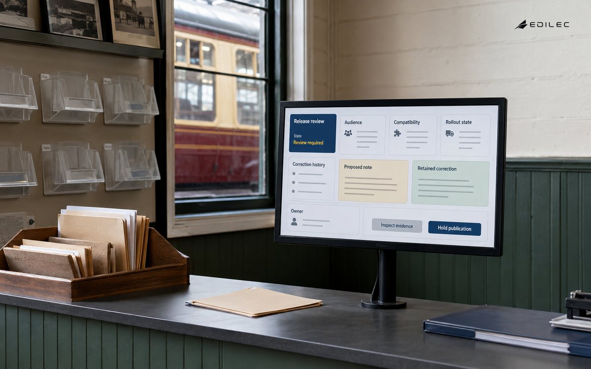 A visitor-services office keeps release evidence and correction history visible before publication.