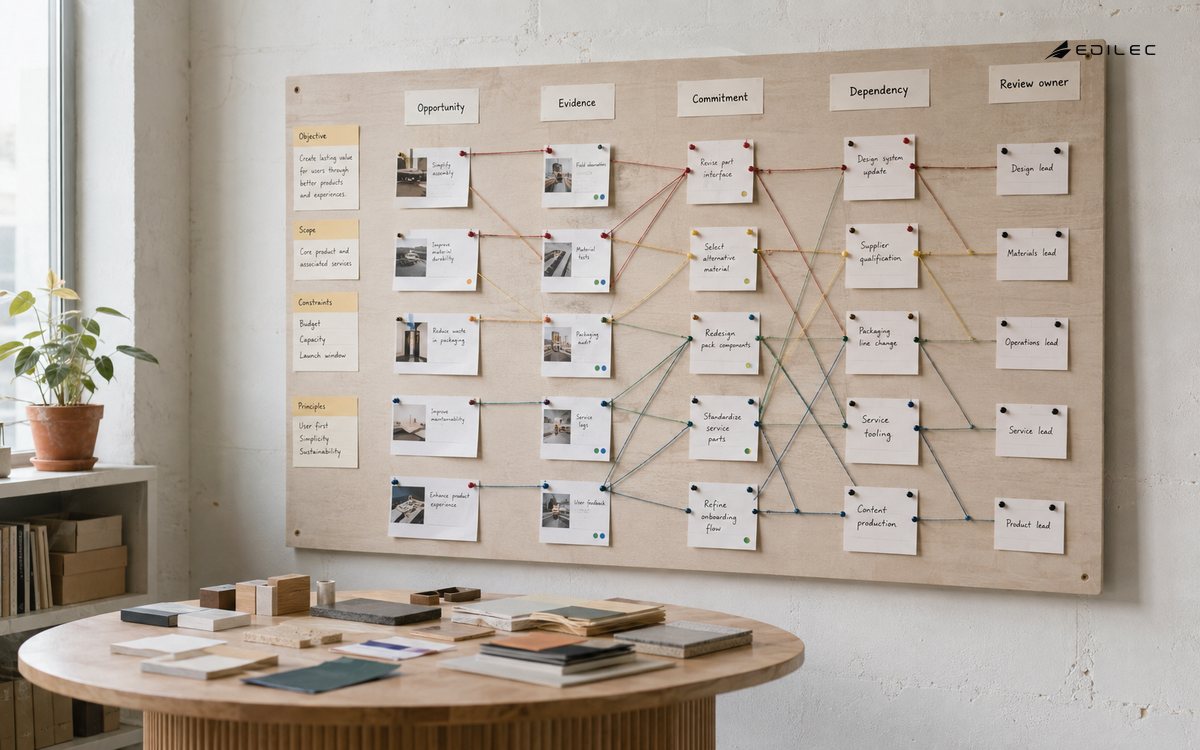 A project wall links opportunity evidence to commitments and dependencies.