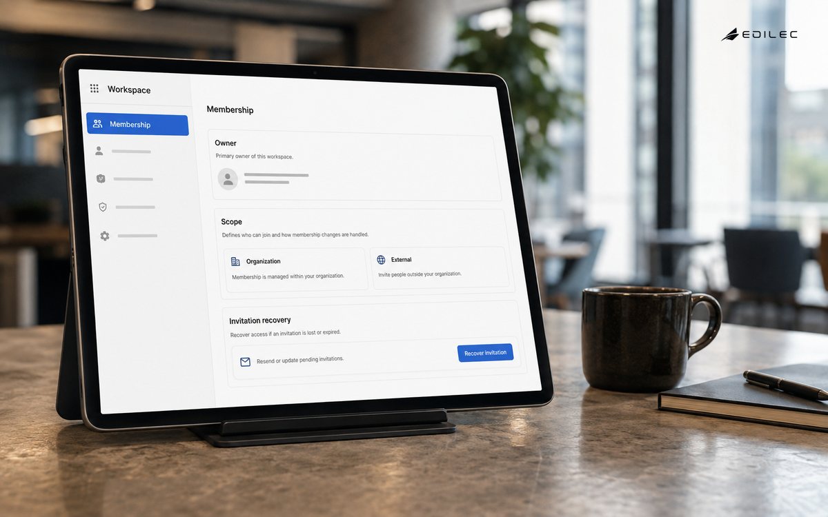 Software-led photograph of a supported large tablet on a coworking meeting counter, clear workspace membership and ownership settings in ivory and blue.