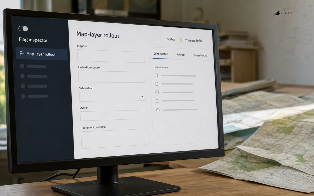 A map-layer flag inspector holds exposure while its default, context and retirement condition are reviewed.
