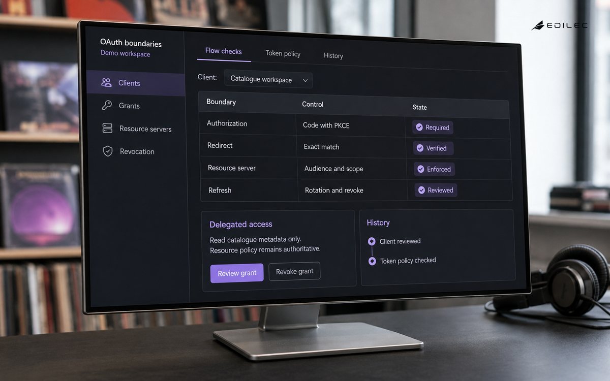 A music-catalogue integration monitor presents OAuth flow checks, token boundaries and grant controls.