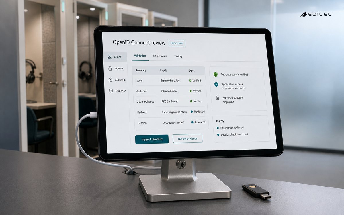 University language-assessment service room with sound-insulated booths in background. The manufactured display shows openid connect review in a fictional demonstration.