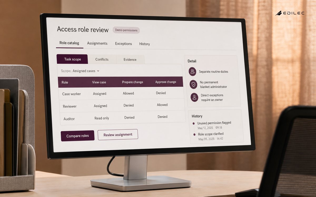 Insurance service training station, real thin black LCD with silver stand on a light composite desk, anonymous case dividers and an empty visitor chair. The manufactured display shows access role review in a fictional demonstration.