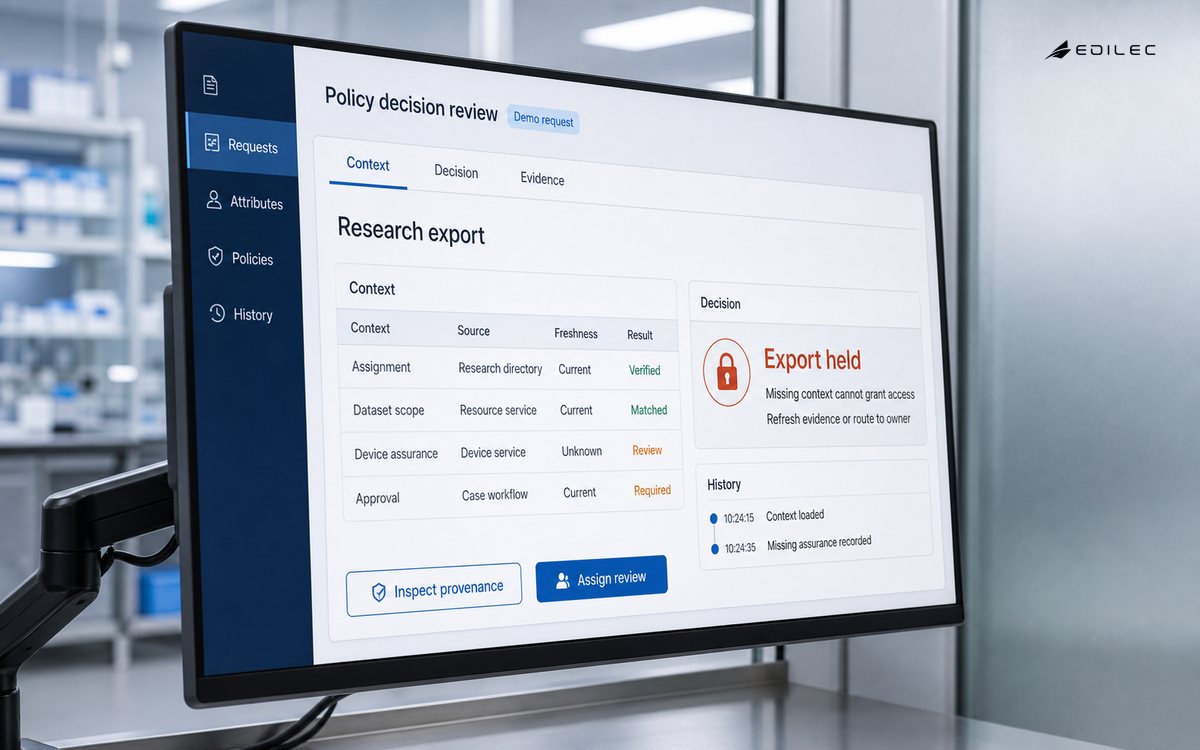Medical research data-governance room with an actual high-resolution monitor on a VESA arm and no patient information. The manufactured display shows policy decision review in a fictional demonstration.