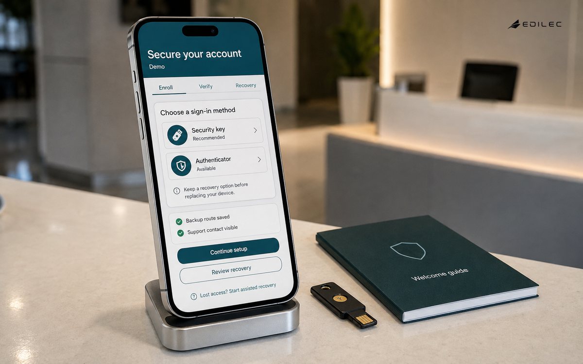 A phone enrollment screen offers sign-in methods alongside recovery guidance and visible support.