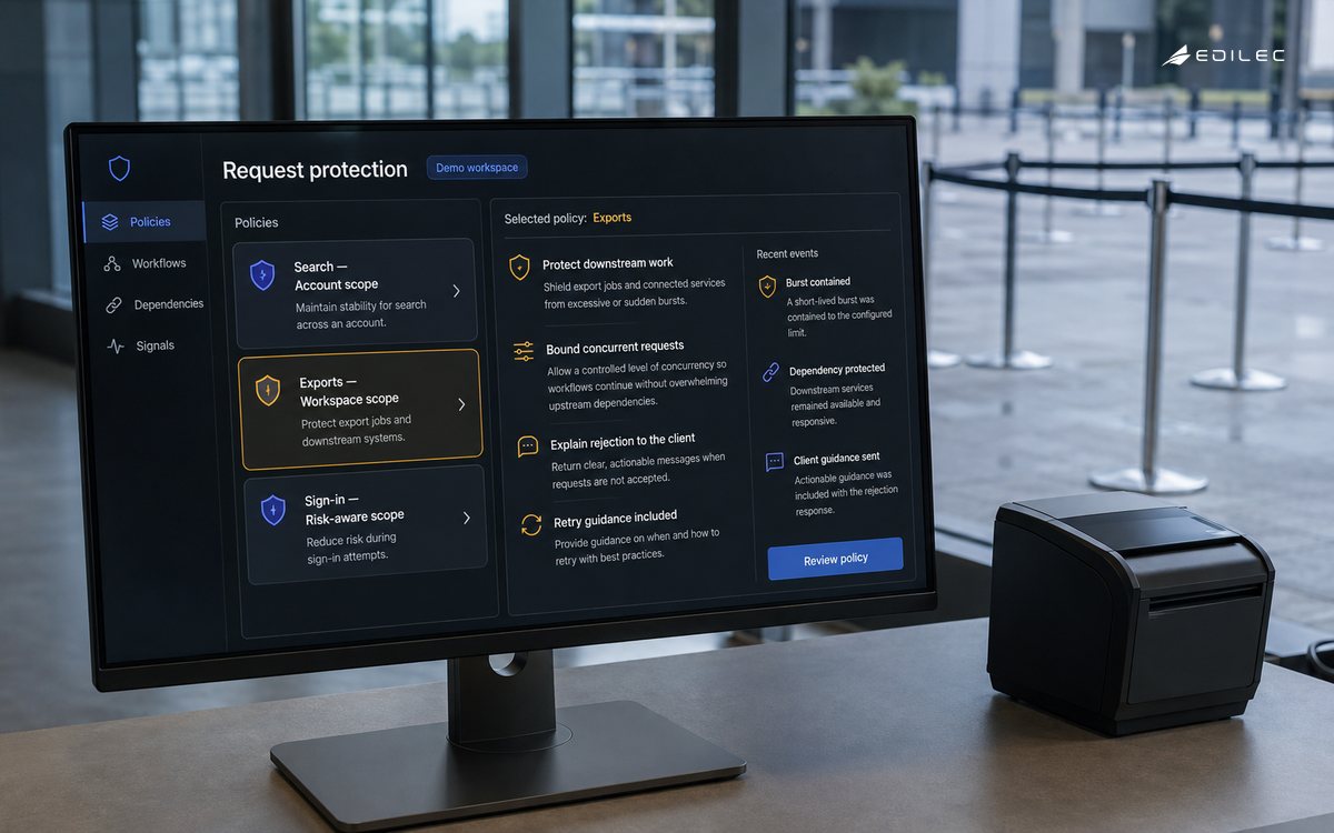 An API policy console shows scoped protection for search, exports, and sign-in alongside dependency controls.