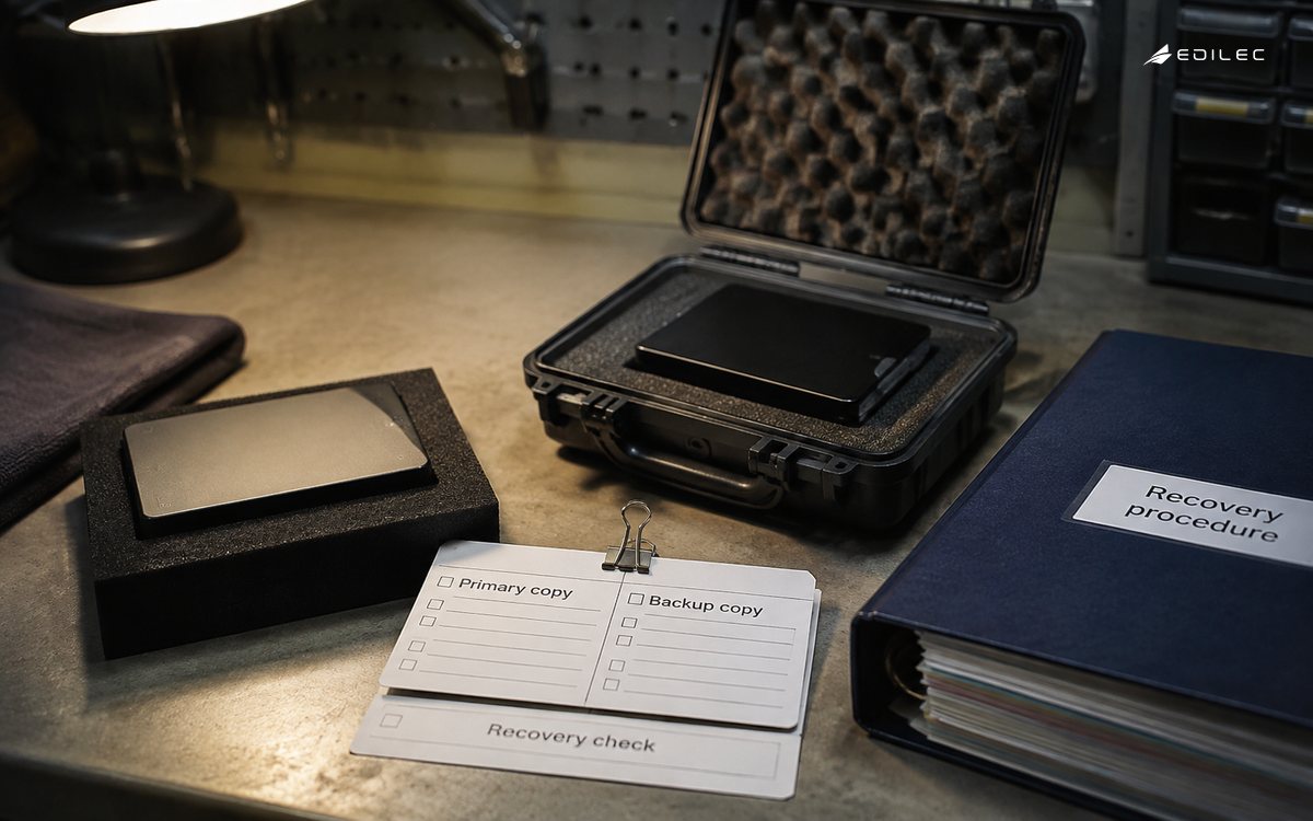 Primary and backup storage drives beside inventory cards and a recovery binder.