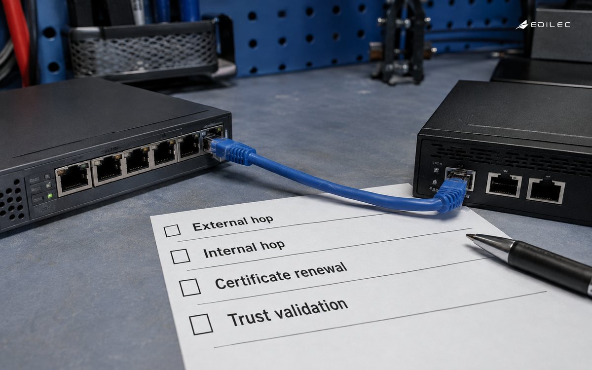 Connected network appliances beside a transport and certificate-review checklist.
