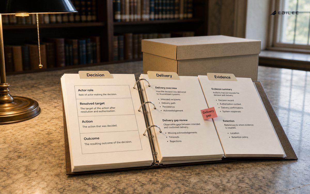 Tabbed audit-evidence binder linking a decision record, delivery check and retained evidence.