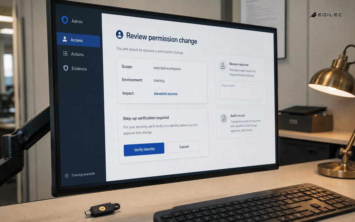 Privileged permission-change form names its scope and requires step-up verification before continuing.