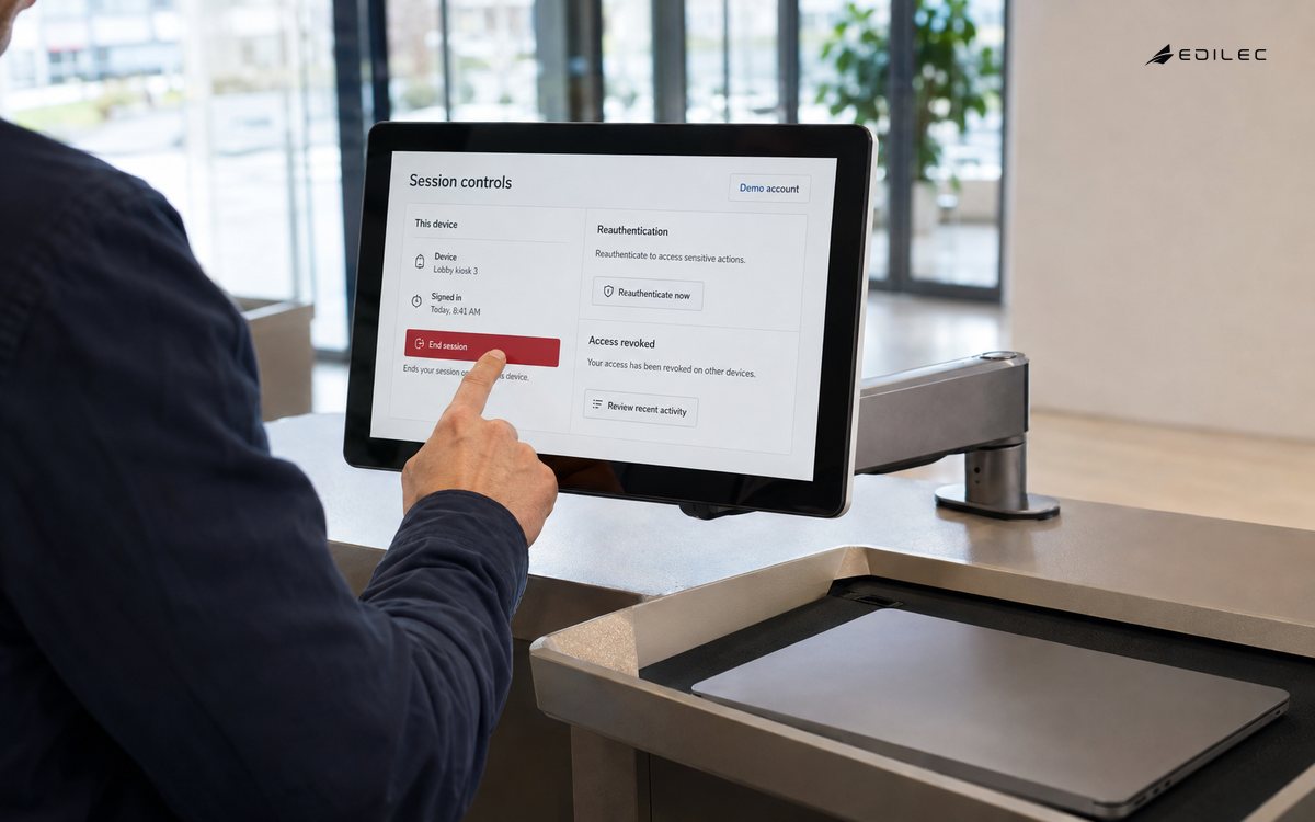 A standing worker ends a session at a shared touchscreen kiosk.