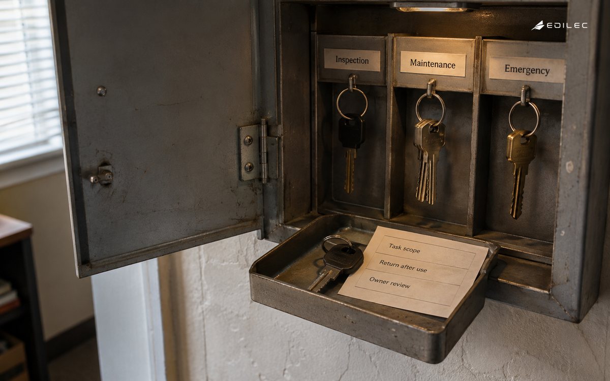 A single inspection key is issued while broader maintenance and emergency access remain separated.