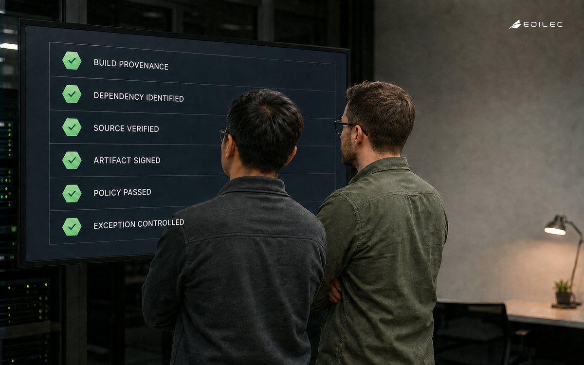 Two release engineers reviewing software build provenance, source verification, artifact signing, policy and controlled exceptions.
