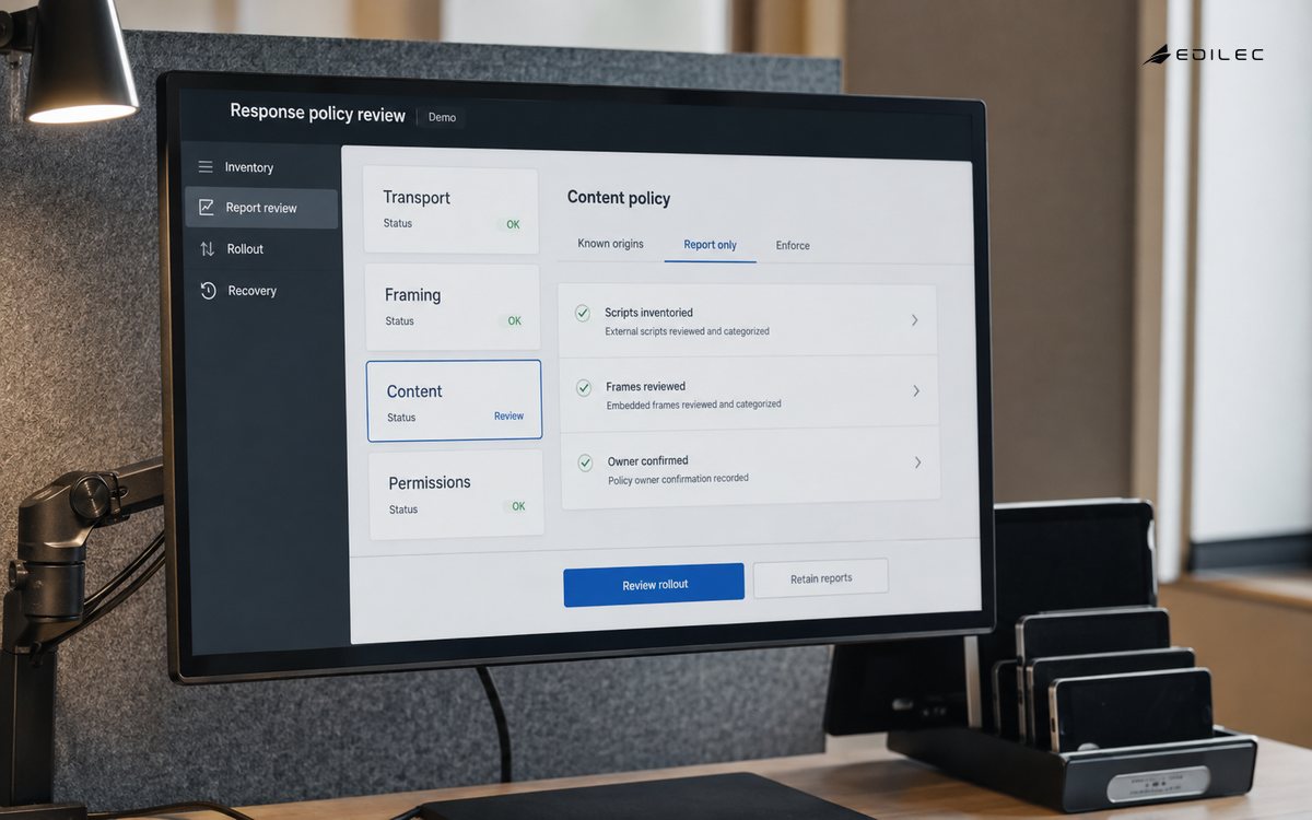 Browser response-policy review on a mounted display in a device-testing station.