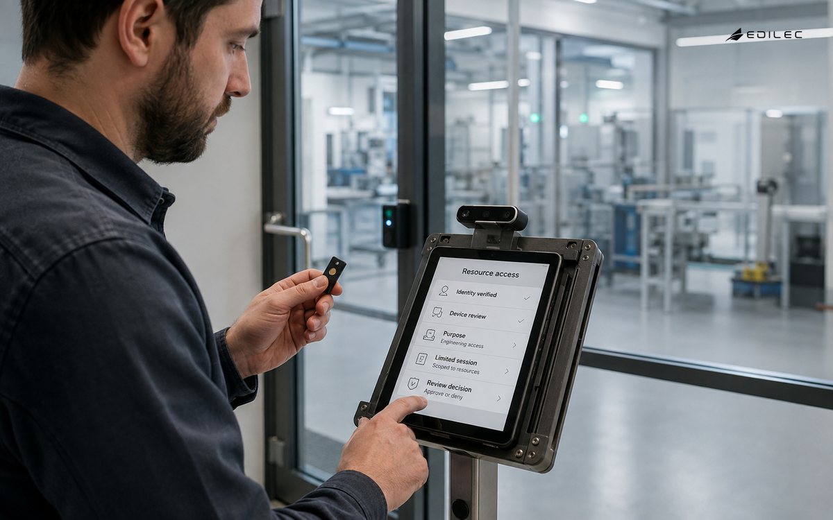 An engineer reviews a resource-specific access decision on a mounted tablet while holding a security key.