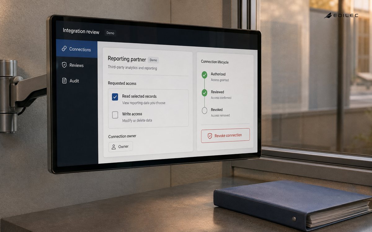 A mounted glass display shows reporting-partner access scopes and a connection revocation control.