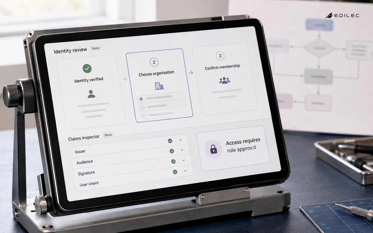 A docked tablet separates identity verification, organization choice, membership and role approval.