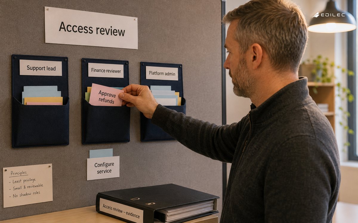 An IT manager places a refund-approval capability card with the finance-reviewer role.