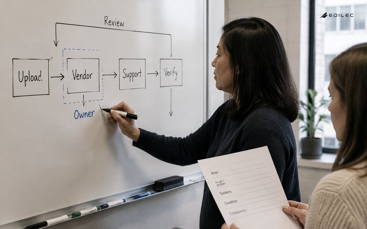 An operations lead draws a short trust-boundary review on a physical white enamel whiteboard while a colleague holds a paper decision record.